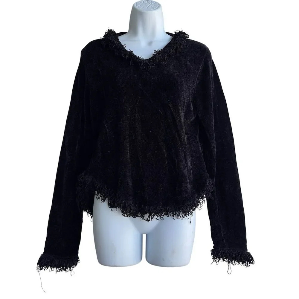 Central Falls Fringe Chenille Sweater Size L Long Sleeve Black V-neck Pullover
